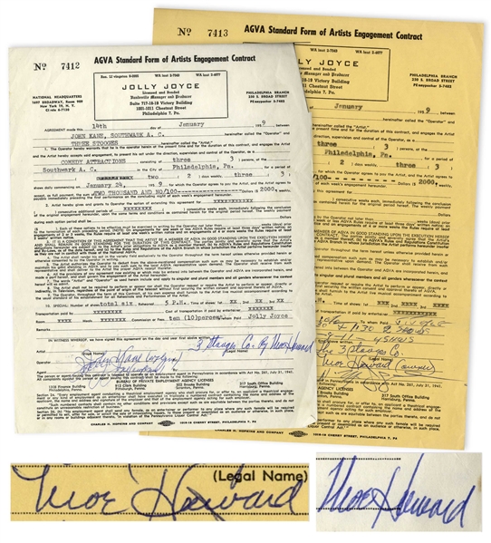 Two January 1959 Contracts Signed by Moe Howard, Who Signs Each ''The 3 Stooges Co.'' & ''Moe Howard'' -- AGVA Contracts for Three Stooges Performances -- Each Measures 8.5'' x 11'', Very Good